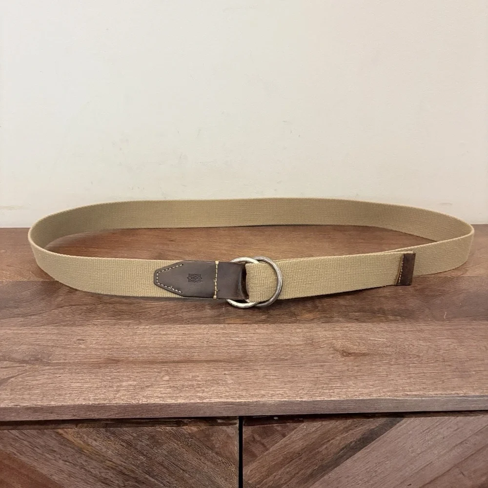 Martin Dingman O-Ring Belt XL Khaki Canvas Brown Leather Mens Double Ring